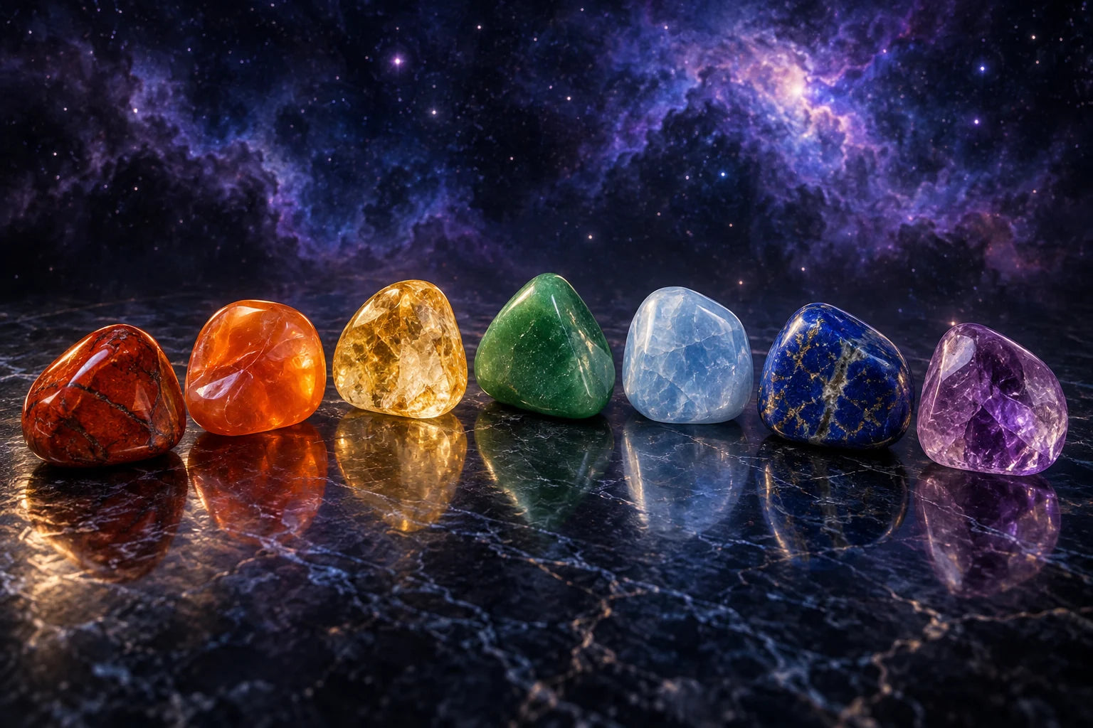 Illustrative artwork of seven polished stones against a purple-blue nebula